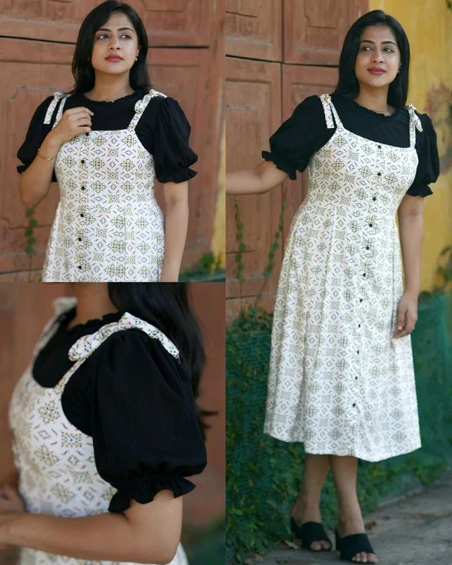White Printed Button-Down Midi Dress with Black Puff-Sleeve Layer - M