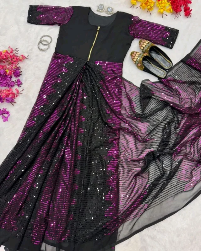 Trending Zip & Go Sequence Saree - Purple Pizzazz, M