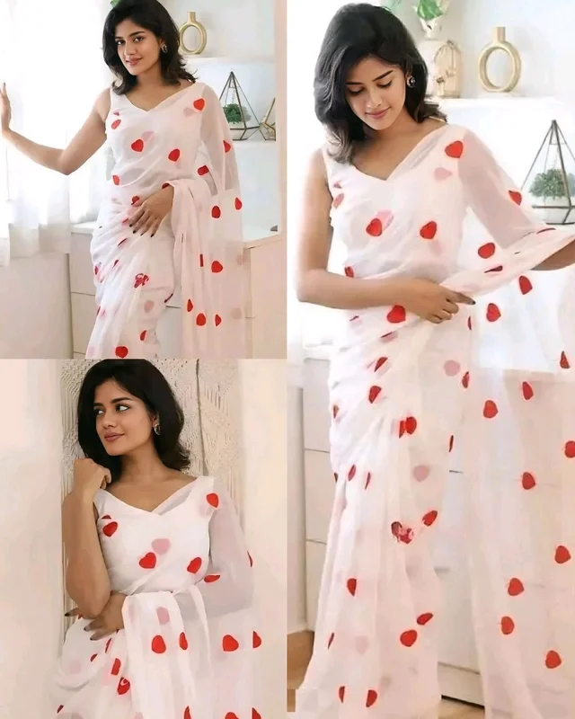 Treny Heart Design New Georgette Embroidery Saree - White, Free Size