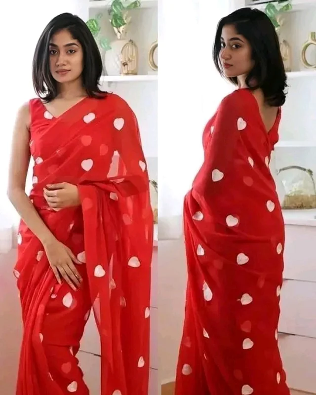 Treny Heart Design New Georgette Embroidery Saree - Red, Free Size