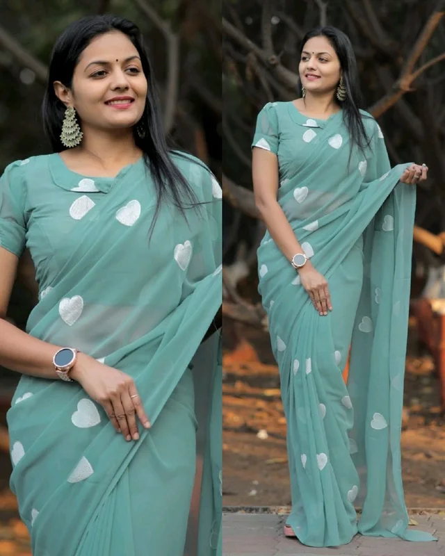 Treny Heart Design New Georgette Embroidery Saree - Shadow Green, Free Size