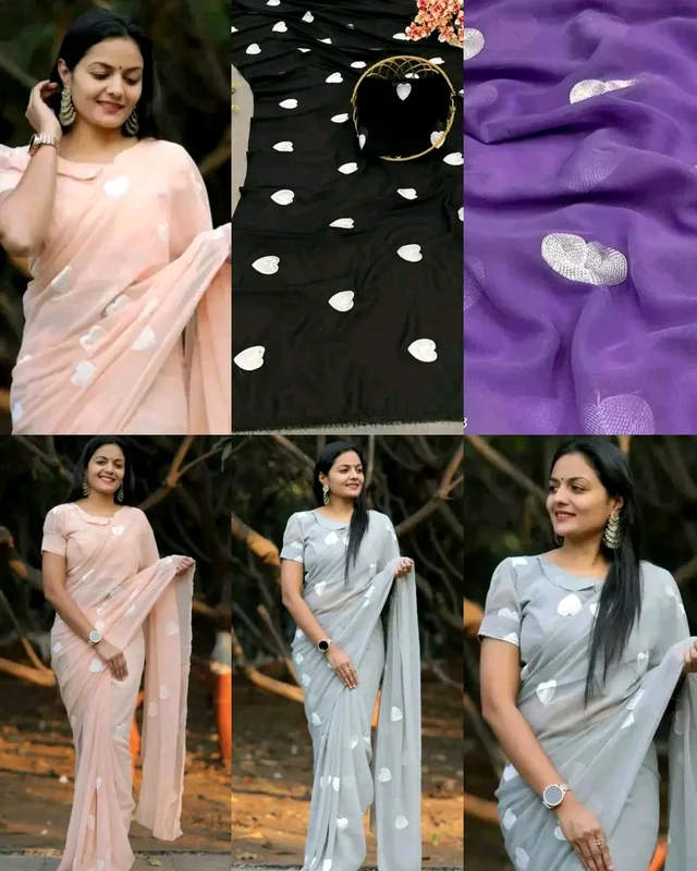 Treny Heart Design New Georgette Embroidery Saree - Electric Violet, Free Size