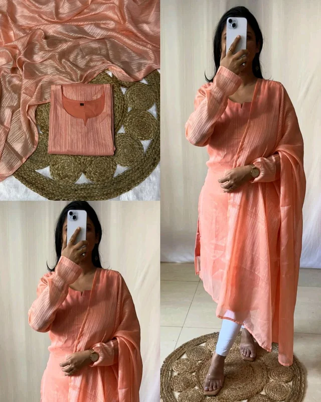 Stylish Beautiful Attractive Colours With Kurti and Dupatta - Peach, XL