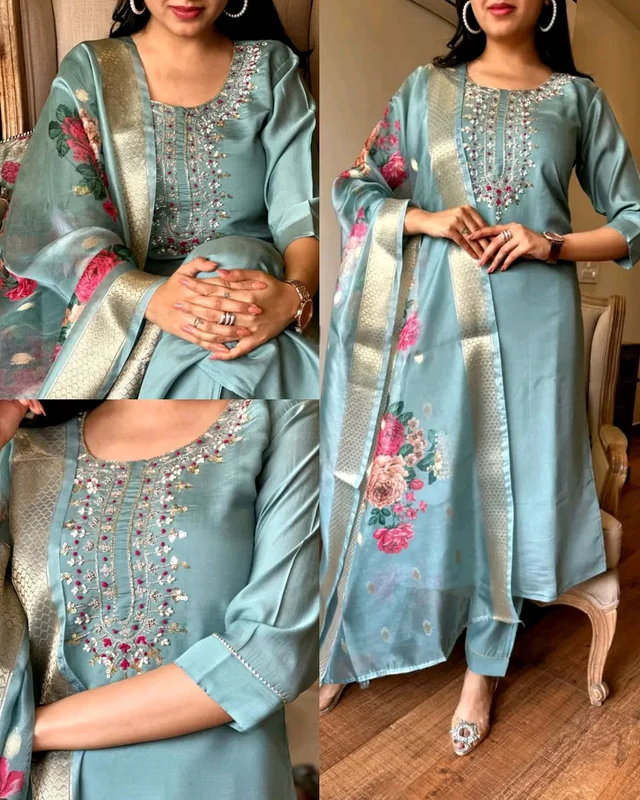 Embroidered Kurta With Printed Dupatta And pent - Aque Blue, M