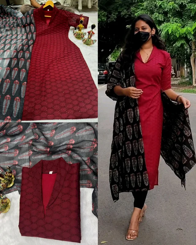 Pretty hakoba kurta with matching Dupatta - Maroon, M