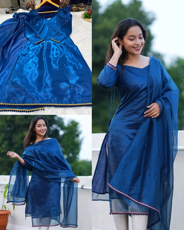 Trendy Shining Silk Sets - Blue, 2XL