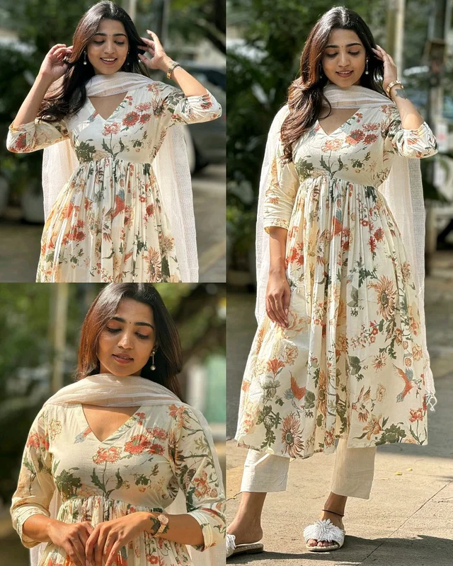 Beige Cotton Floral Printed Kurti With Pant & Dupatta Set - XL