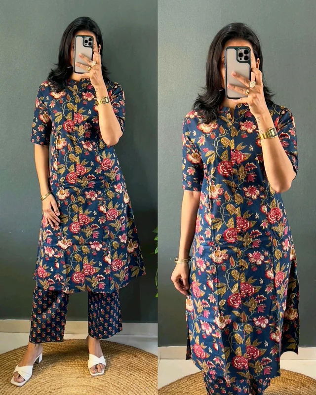 Launching pure jaipuri 100%Cotton Co-Ords set - Navy Blue, M