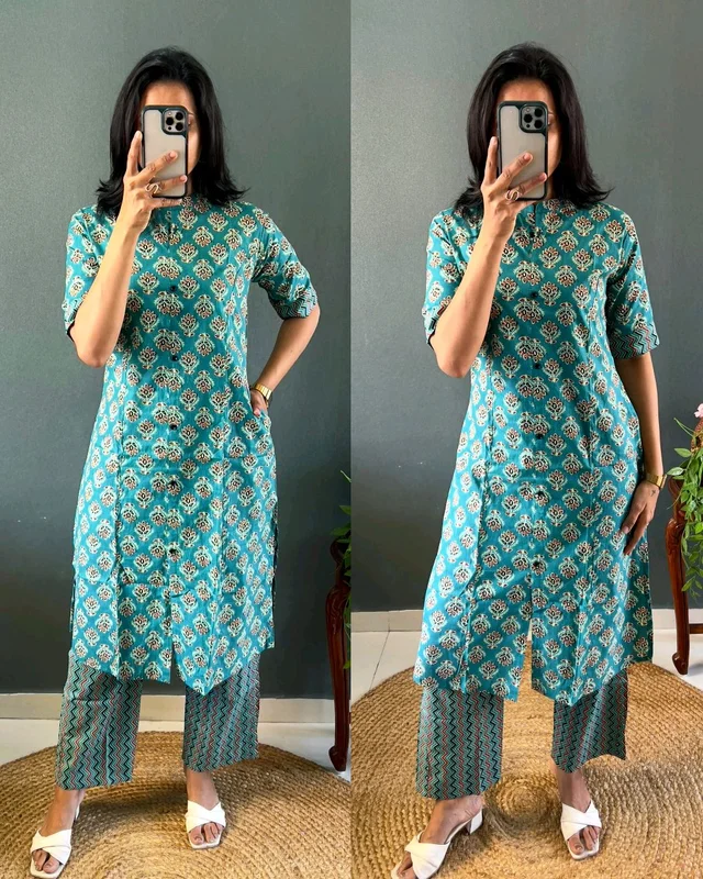 Launching pure jaipuri 100%Cotton Co-Ords set - Navy Blue, M