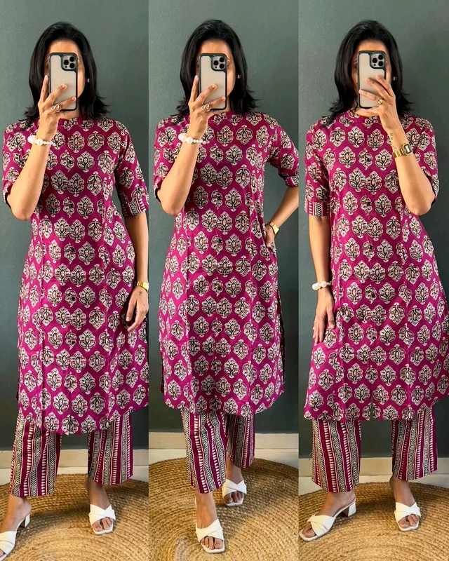 Launching pure jaipuri 100%Cotton Co-Ords set - Plum, 2XL