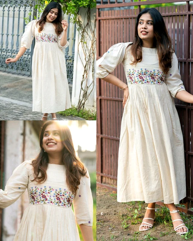 Off White Crochet Lace Work Cotton Anarkali Gown - S