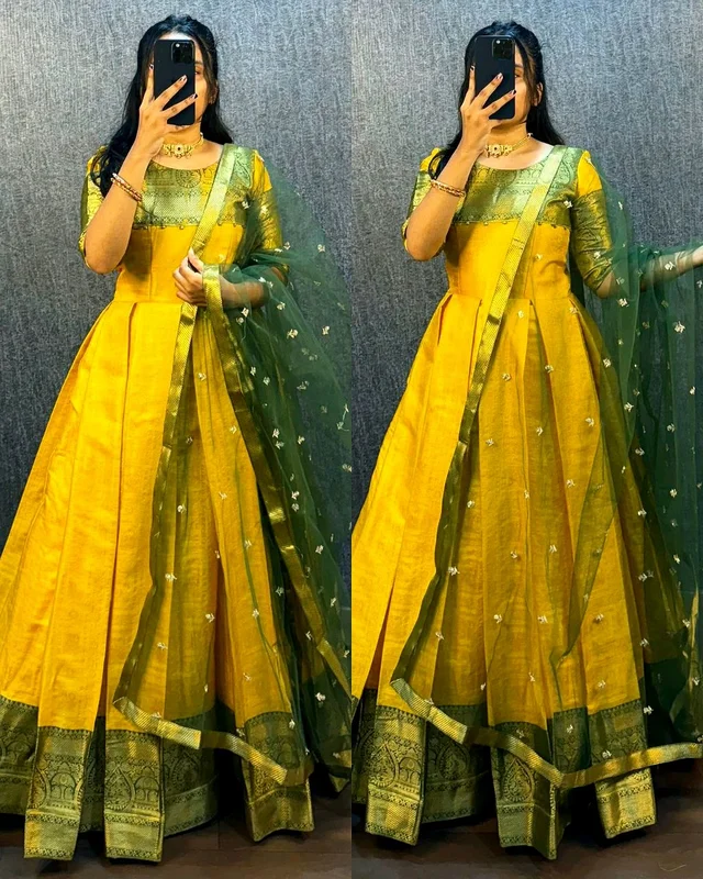 UPCOMING WEDDING SERIES GOWN WITH DUPPTA - Yellow, S