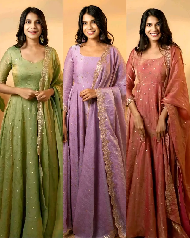 Party Wear Look Fancy Umbrella Gown,Dupatta & Bottom Set👗 - New York Pink, Free Size