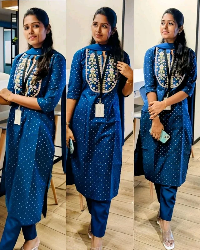 Embroidered Straight Kurta With Trouser & Dupatta - Blue, XL