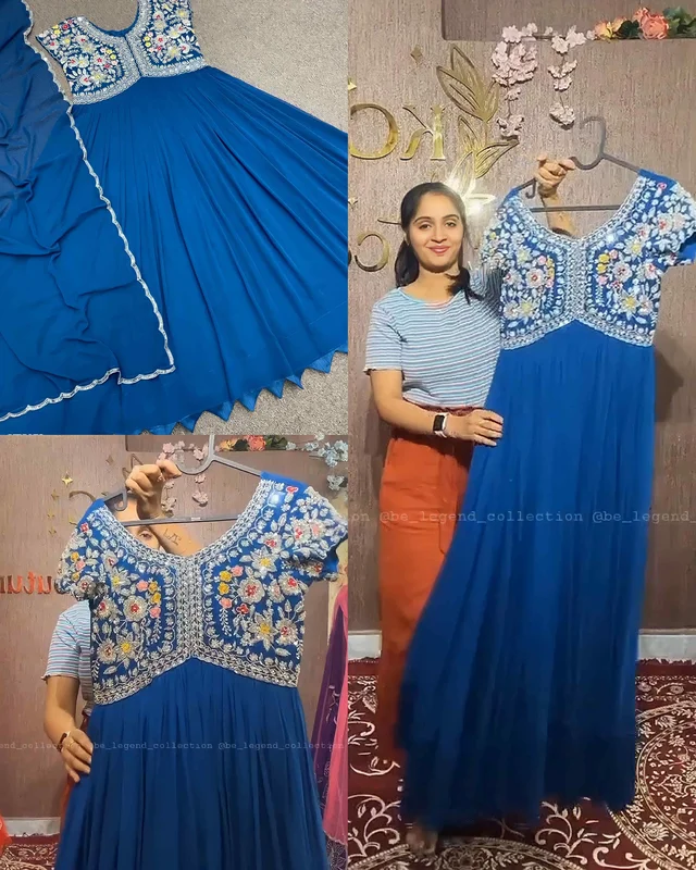 Aliya Cut Gown With Dupatta - M, Sky Blue