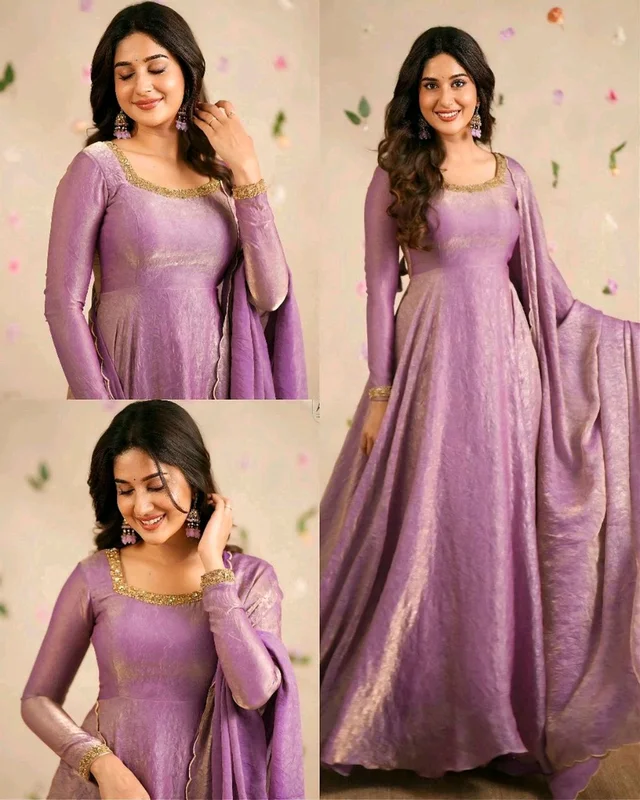 Beautiful Designer Hand Zardoshi Work Gown With Cut Work Duppata - Lavender Rose, M