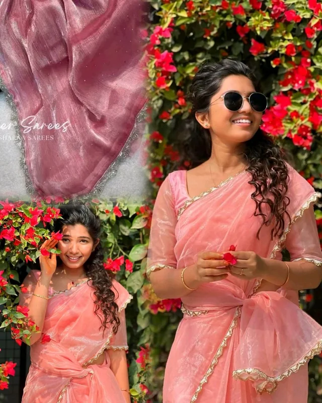 BARBARI SHINY STONE AND DIAMOND WORK SAREE WITH BLOUSE - Pink, Free Size