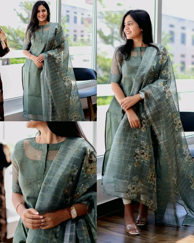 olive organza kurti with dupatta set
- M
