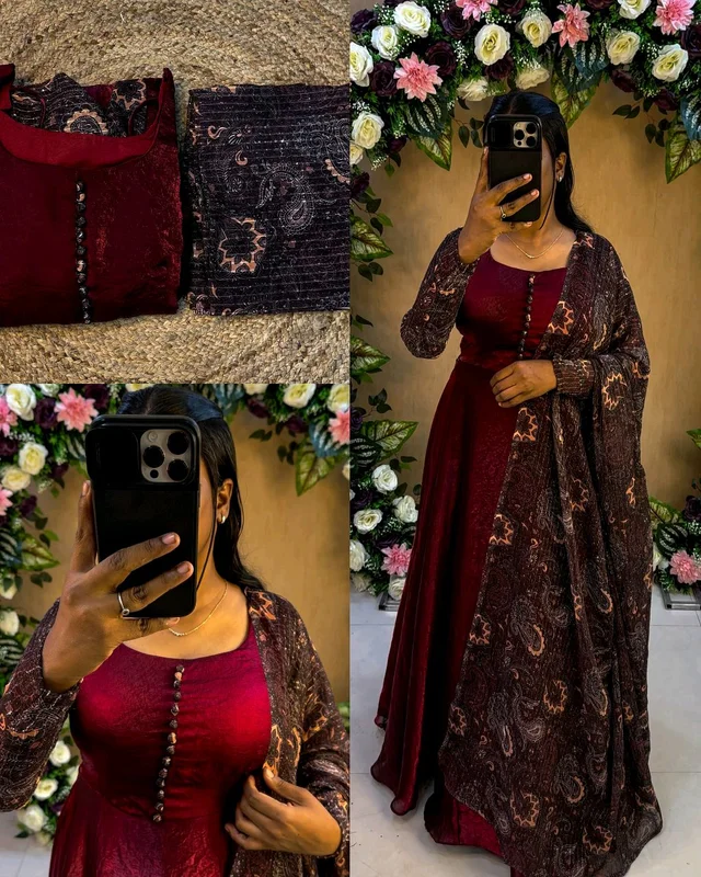 Space Silk Beautiful arrived for party wear gown with dupatta - M, Maroon