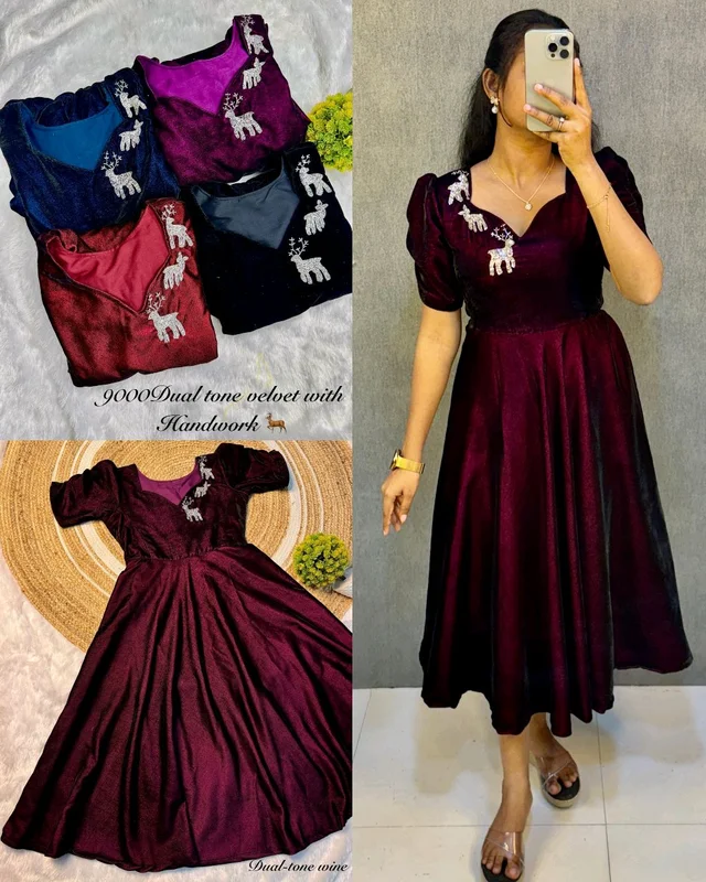 Launching New Designer party wear velvet midi gown - Wine, L
