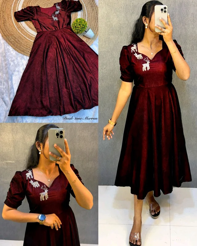 Launching New Designer party wear velvet midi gown - Maroon, 2XL