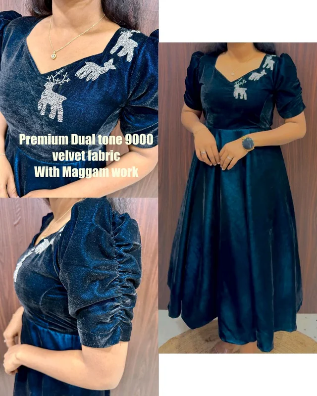 Launching New Designer party wear velvet midi gown - Blue, 2XL