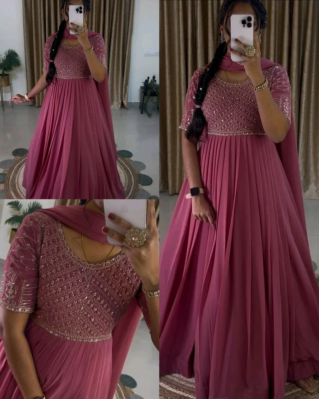 GEORGETTE SEQUENCE WORK GOWN WITH DUPATTA - Pink, S