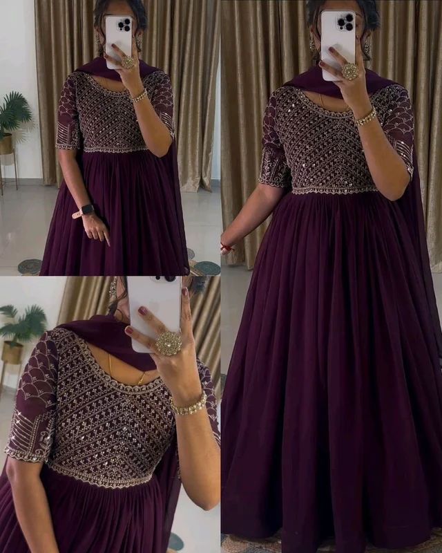 GEORGETTE SEQUENCE WORK GOWN WITH DUPATTA - Wine, M