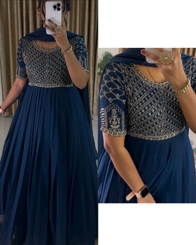 GEORGETTE SEQUENCE WORK GOWN WITH DUPATTA - Blue, L