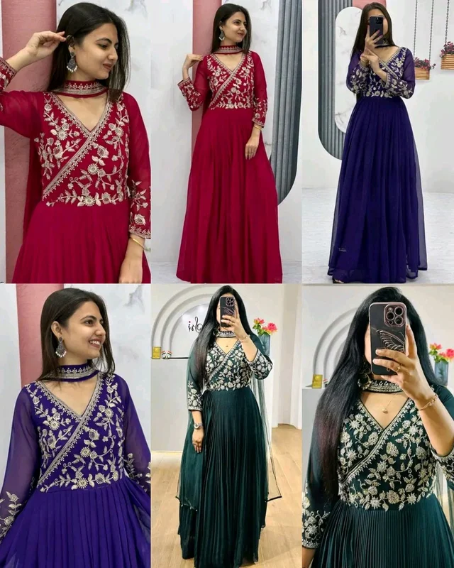 GEORGETTE SEQUENCE WORK GOWN WITH DUPATTA - Red, S