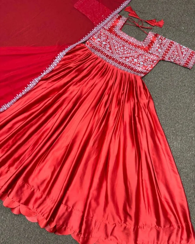 New Designer Party Wear Look Heavy Devsena Sulk With Embroidery Sequence Work Gown With Diamond Handwork with Dupatta - XL