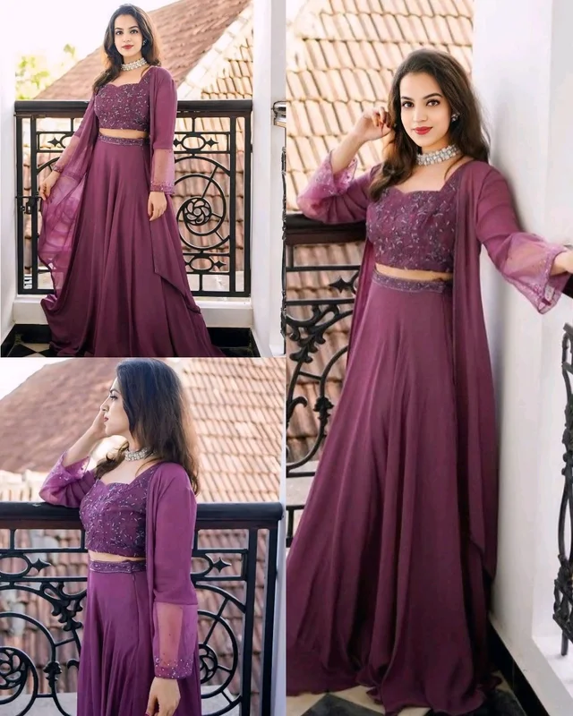 Women Maroon Festival Shrug & Skirt With choli - L