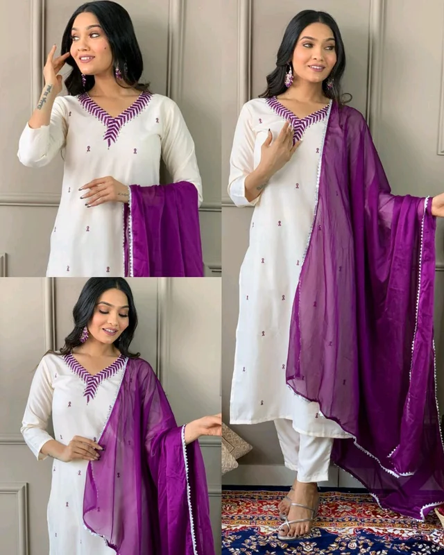 Elevate your wardrobe with this elegant Women’s Embroidered Straight Kurta with Pants & Dupatta Set - White, 2XL