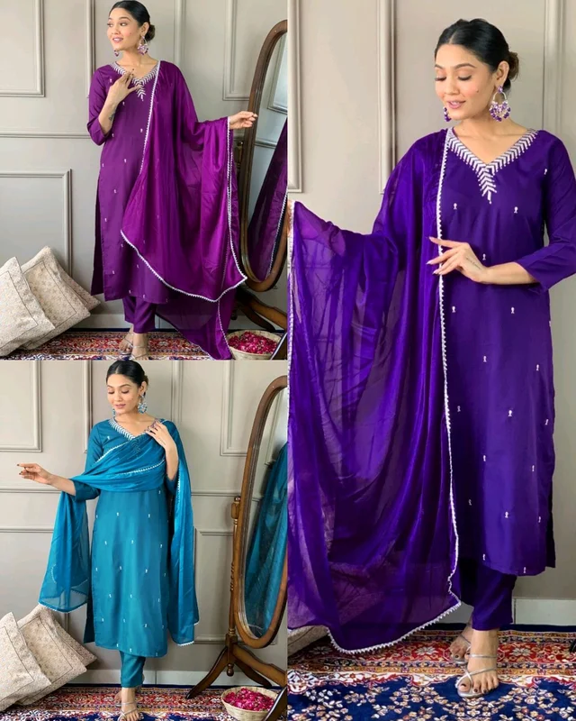 Elevate your wardrobe with this elegant Women’s Embroidered Straight Kurta with Pants & Dupatta Set - Purple, 2XL