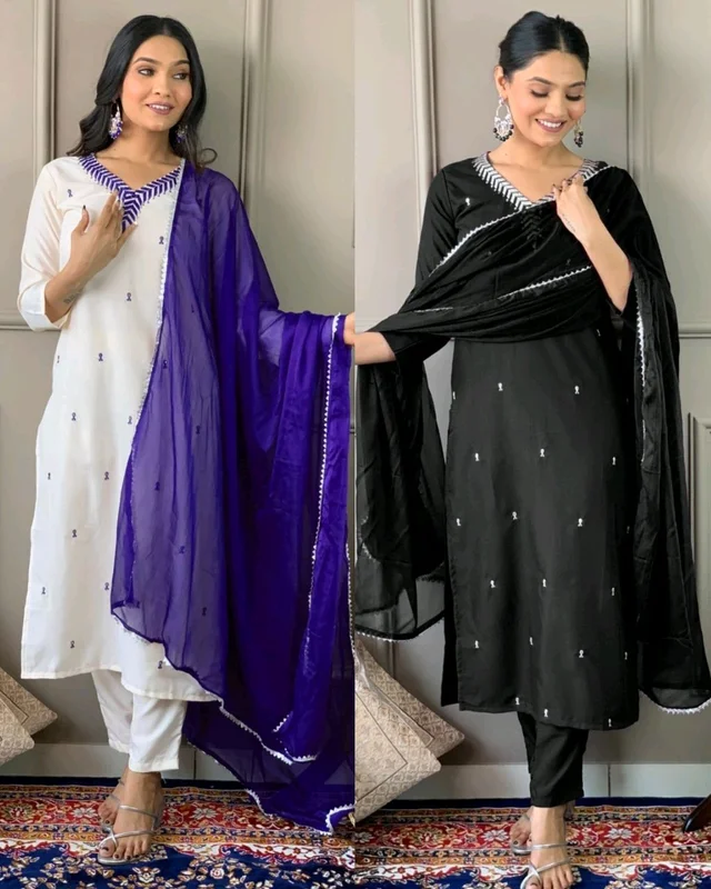Elevate your wardrobe with this elegant Women’s Embroidered Straight Kurta with Pants & Dupatta Set - White & Kingfisher Daisy, L