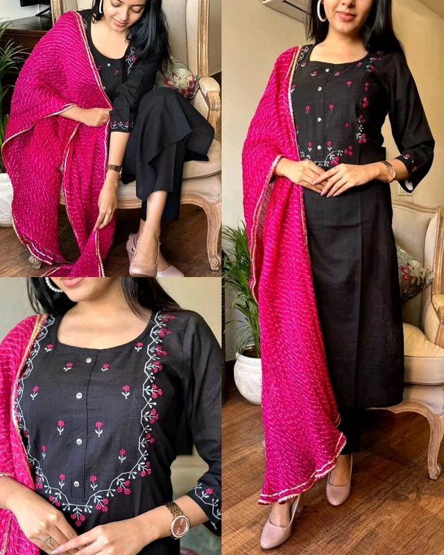 Trendy Women's Cotton Kurta Pant Set With Dupatta
- Black, M