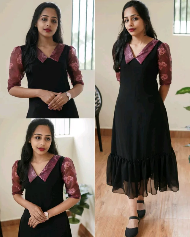 Black Flare Dress with Floral Sleeves - XL