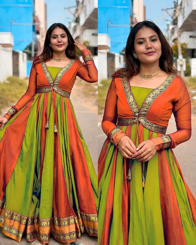 Introducing New Designer Removable Jacket Gown - M, Flush Orange & Green