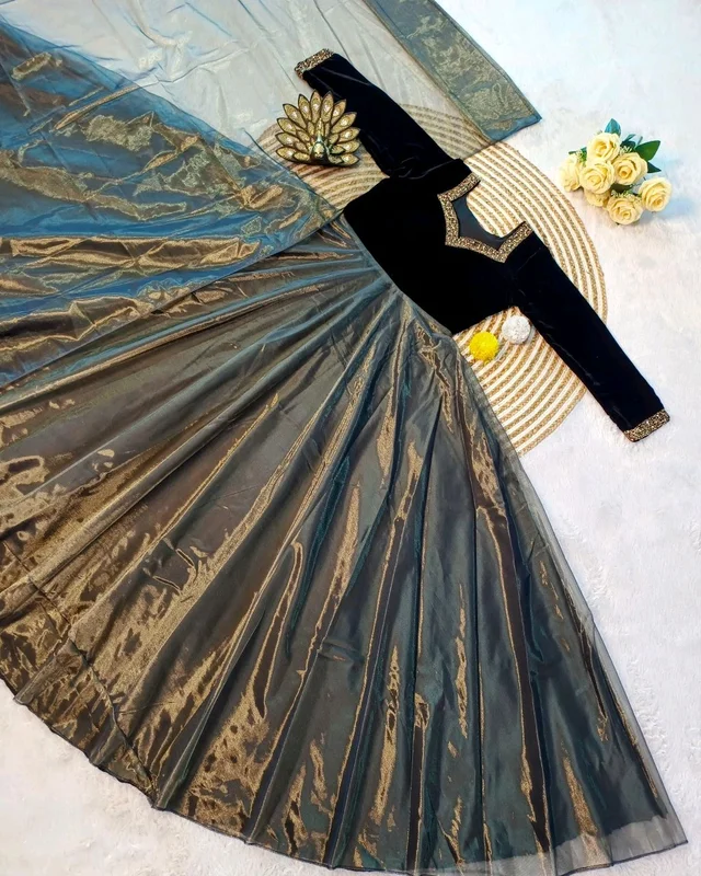 A Beautiful Elegant Super Hit Collection, Designer 9000 Velvet With Hand Work Gown With Cut Work Duppata. - Mine Shaft, M