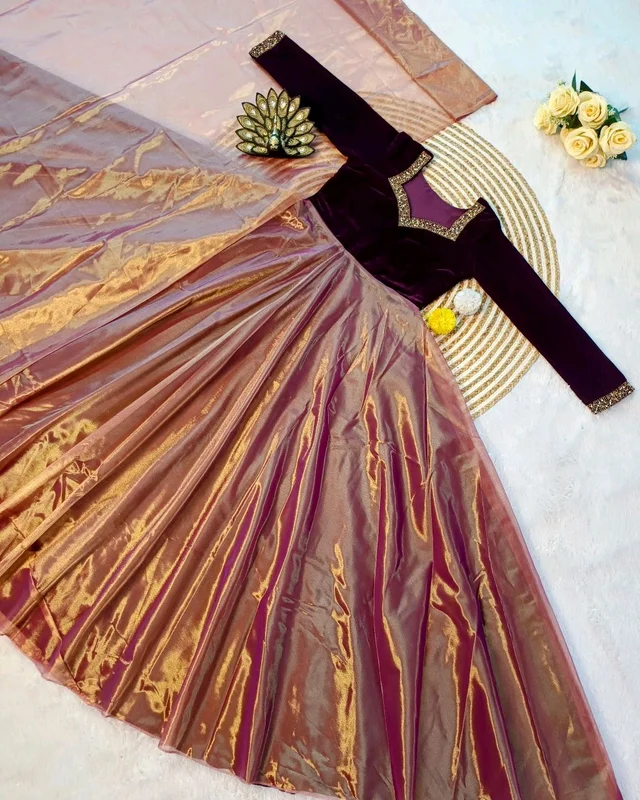 A Beautiful Elegant Super Hit Collection, Designer 9000 Velvet With Hand Work Gown With Cut Work Duppata. - Mardi Gras, 2XL