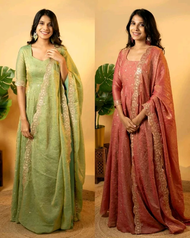 Party Wear Look Fancy Umbrella Gown & Dupatta - Pista, XL