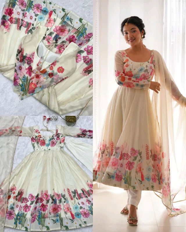 Launching this timeless and classic black floral printed organza anarkali suit set for the upcoming festivities and wedding season - White, XS