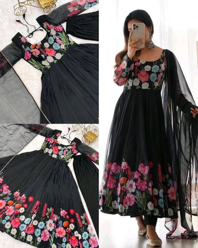 Launching this timeless and classic black floral printed organza anarkali suit set for the upcoming festivities and wedding season - Black, 3XL