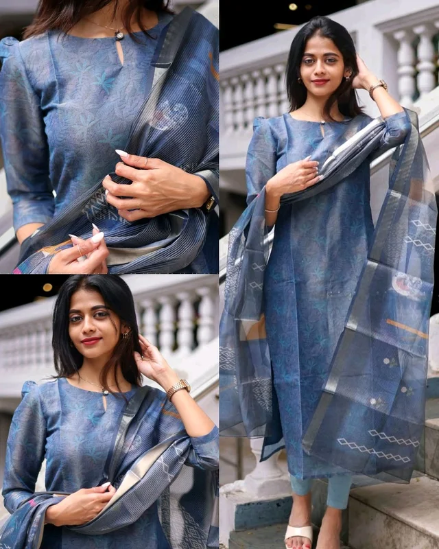 College / Office Wear Kurti with dupatta - Blue, 2XL