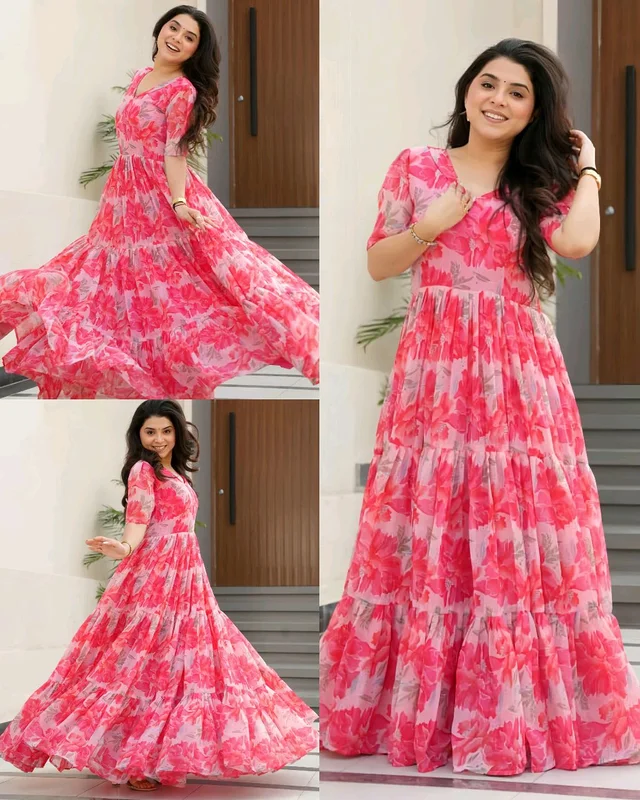 Party Wear Women's Fully Flair Gown Made With Faux Georgette - Wild Watermelon, XL