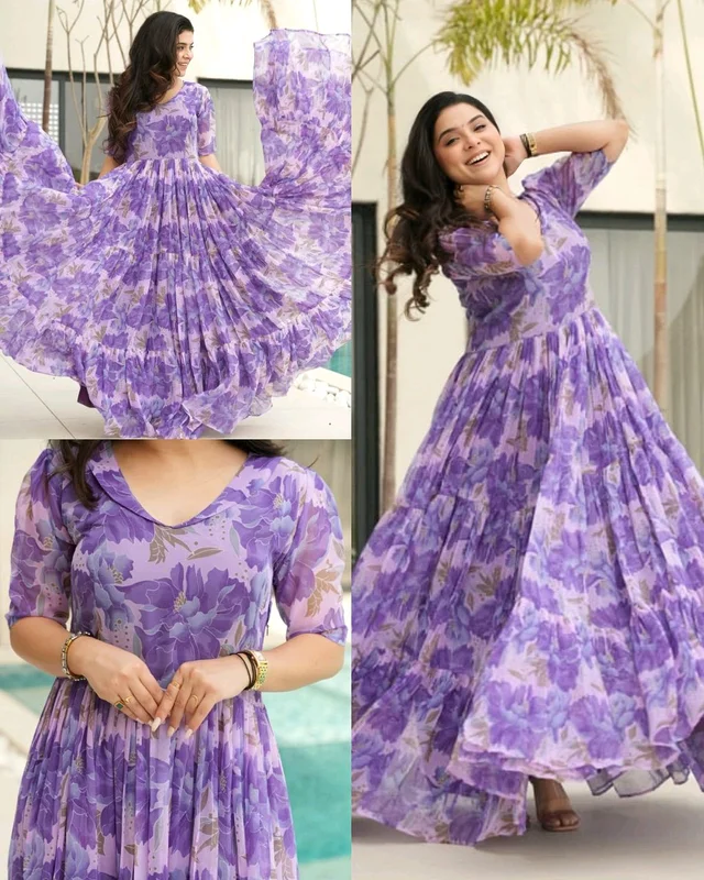 Party Wear Women's Fully Flair Gown Made With Faux Georgette - Heliotrope, 2XL