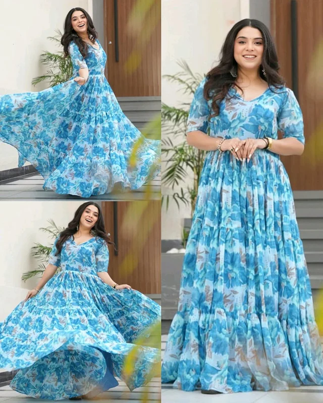 Party Wear Women's Fully Flair Gown Made With Faux Georgette - Sky Blue, M