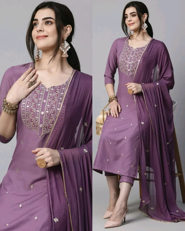 Women's Embroidered Straight Kurta With Pant & Dupatta - Light Wisteria, 5XL