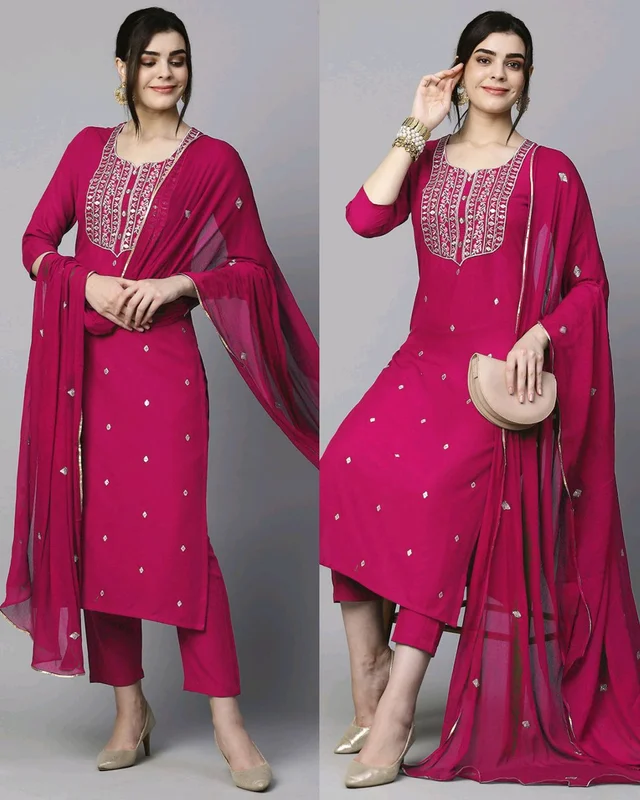 Women's Embroidered Straight Kurta With Pant & Dupatta - Blush, 2XL