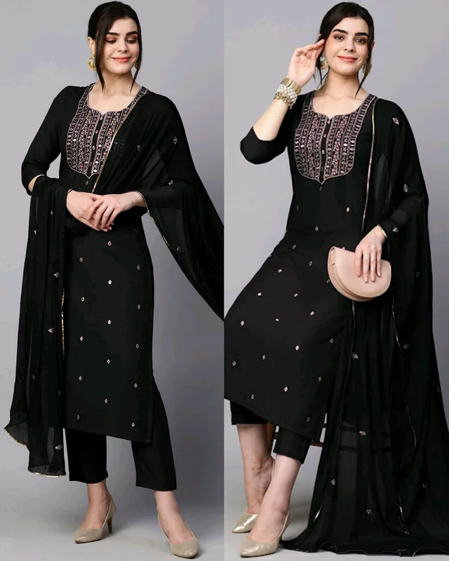 Women's Embroidered Straight Kurta With Pant & Dupatta - Black, S